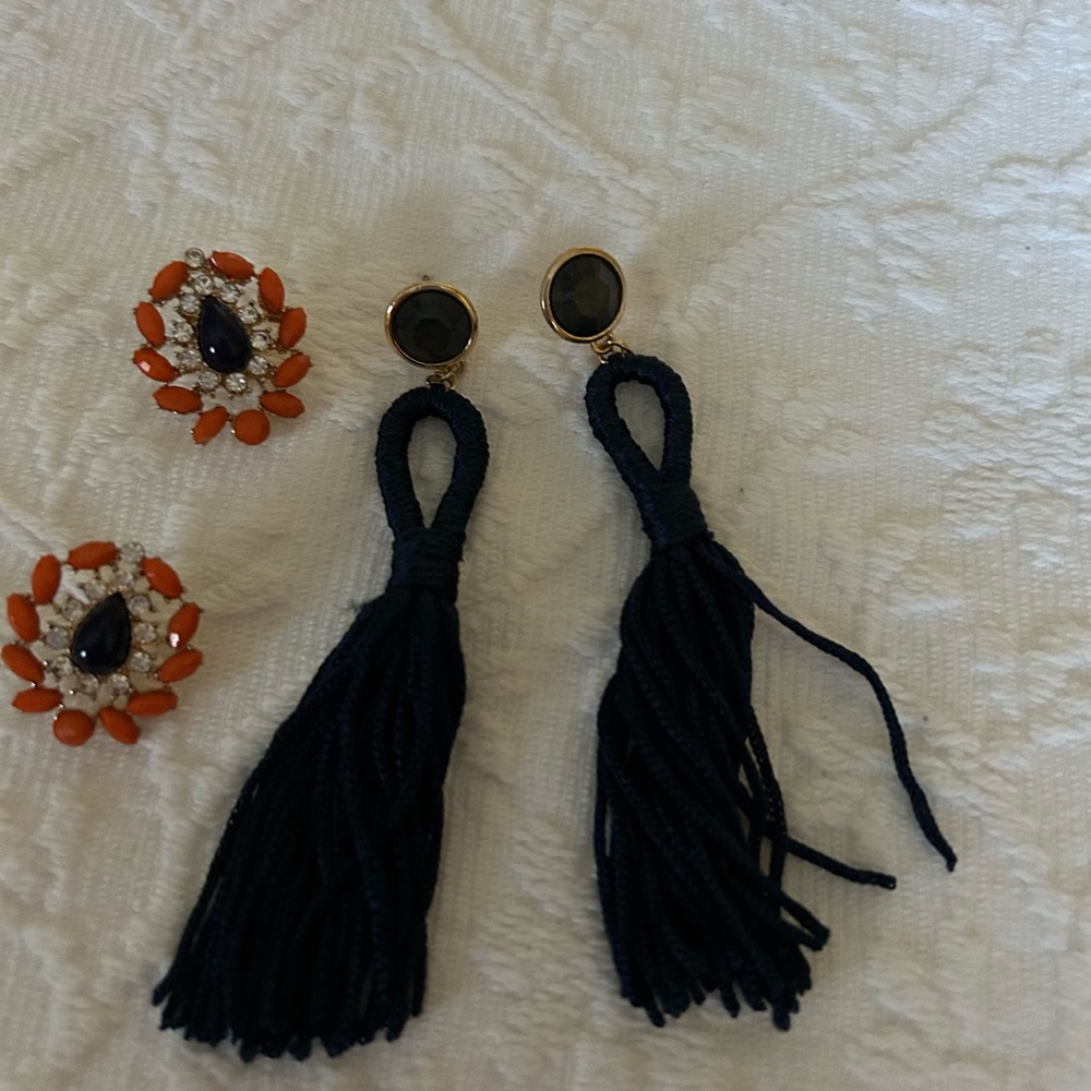 2 pair - Navy Tassel Earrings with Gold Accents. Navy/orange crystal earrings